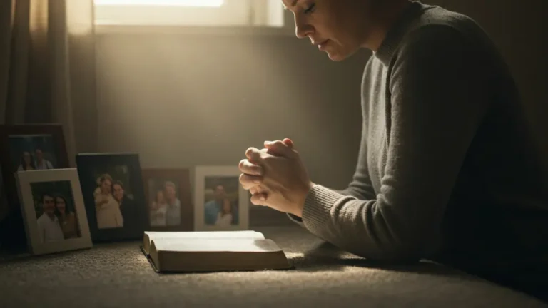 Pessoa ajoelhada em oração com fotos de familiares ao lado, representando a intercessão diária pelos entes queridos.